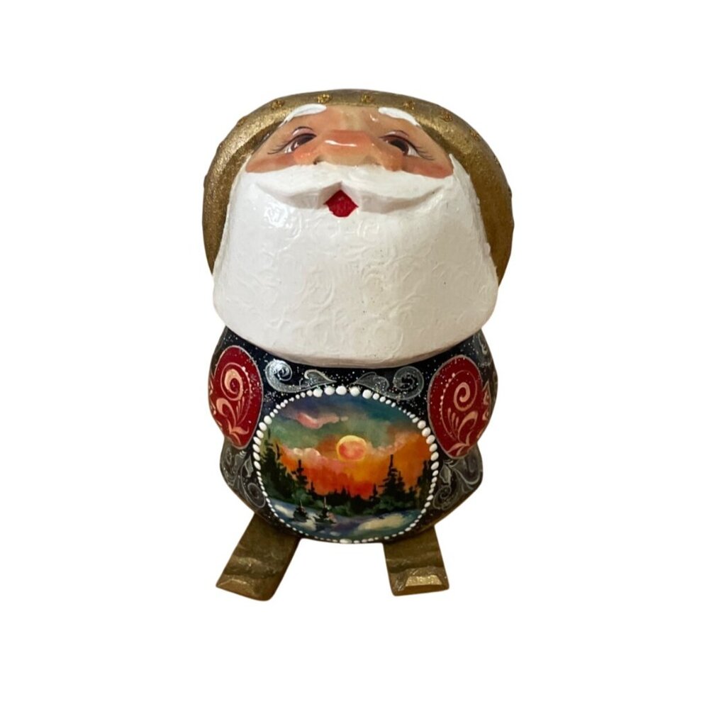Vintage Russian Handcrafted Wooden Santa Figurine Signed Hand Painted Christmas